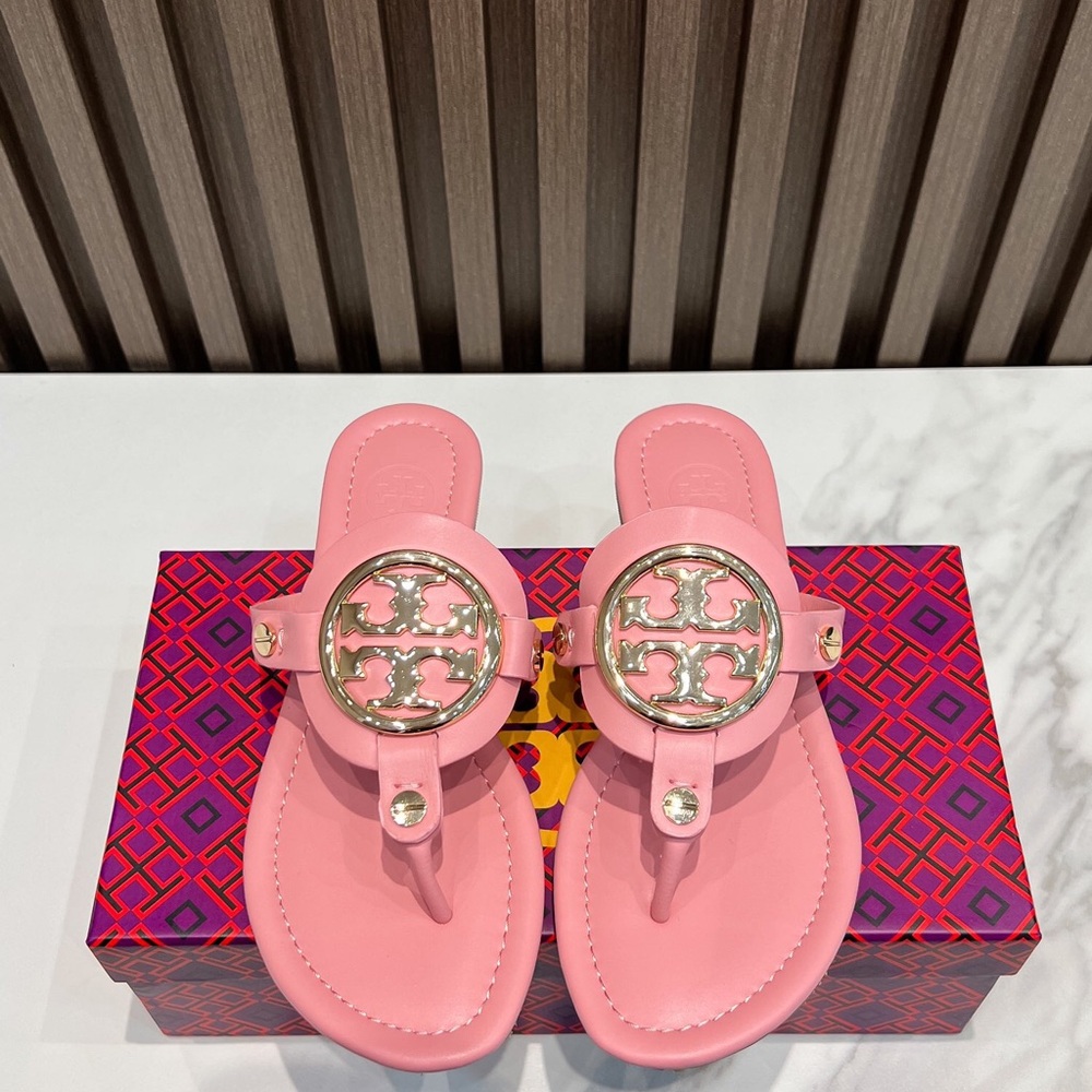 Tory Burch Miller Pink Leather Sandals with Gold Logo